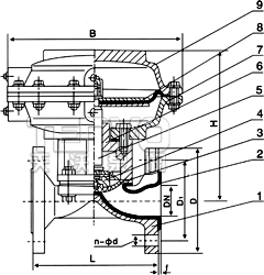 EG641W、EG641J英標(biāo)（無(wú)帶手操往復(fù)型）氣動(dòng)隔膜閥結(jié)構(gòu)圖